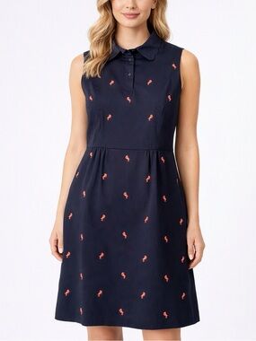 346 Brooks Brothers Navy Scallop Collar Dress with Pink Embroidery Birds